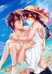 Rule 34 | 10s, 1boy, 1girl, anklet, barefoot, beach, bracelet, braid, brother and sister, day, dress, dutch angle, food, free!, hat, holding, jewelry, long hair, matsuoka gou, matsuoka rin, nail polish, necklace, ocean, popsicle, purple hair, sand, sandals, topless male, short hair, siblings, sun hat, sundress