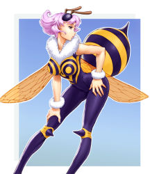 Rule 34 | 1girl, antennae, bee girl, breasts, capcom, arthropod girl, kagerou (decoi), large breasts, monster girl, pantyhose, purple hair, q-bee, short hair, solo, vampire (game), wings