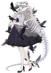 Rule 34 | 1girl, animal skull, back bow, bird, bird on hand, bity3155660241, black footwear, black skirt, bow, closed mouth, commentary request, crow, dinosaur skeleton, fossil, frilled sleeves, frills, from side, full body, grey eyes, grey hair, hand on own chest, high-waist skirt, high heels, knees, light frown, long hair, miniskirt, original, puffy short sleeves, puffy sleeves, see-through, shirt, short sleeves, simple background, skirt, solo, starry sky print, too many, too many birds, white background, white bow, white shirt, white sleeves