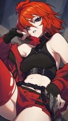 Rule 34 | 1girl, black gloves, breasts, fingerless gloves, gloves, hata4564, highres, jacket, lips, medium breasts, midriff, navel, original, purple eyes, red hair, red jacket, short shorts, shorts, sitting, solo, thighhighs, torn clothes, torn thighhighs