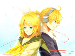 Rule 34 | 1boy, 1girl, back-to-back, bad id, bad pixiv id, blonde hair, blue eyes, brother and sister, headphones, kagamine len, kagamine rin, lyrah777, siblings, smile, twins, vocaloid