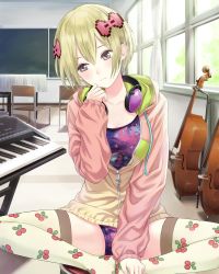 Rule 34 | 1girl, absurdres, blonde hair, bow, breasts, brown eyes, classroom, feet, feet together, hair bow, hands on feet, headphones, headphones around neck, highres, indoors, instrument, jacket, kishida mel, long sleeves, looking at viewer, medium breasts, motoyo rokuma, no pants, no shoes, official art, piano, school, school fanfare, short hair, sitting, solo, swimsuit, swimsuit under clothes, thighhighs, violin