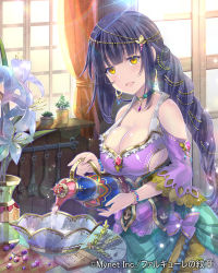 Rule 34 | 1girl, :d, black hair, blunt bangs, bow, braid, breasts, choker, cleavage, company name, curtains, dress, earrings, falkyrie no monshou, flower, hair ornament, indoors, jewelry, large breasts, looking at viewer, official art, open mouth, pitcher (container), plant, potted plant, pouring, purple bow, smile, solo, soukuu kizuna, spatula, spoon, standing, window, yellow eyes