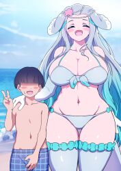 Rule 34 | 1boy, 1girl, age difference, aqua hair, beach, bikini, blue bikini, blue bow, blue hair, blue male swimwear, blue swim trunks, blush, bow, bow bikini, breasts, character request, cleavage, covering privates, covering crotch, cowboy shot, curvy, faceless, faceless male, front-tie bikini top, front-tie top, gradient hair, highres, huge breasts, implied erection, kemono friends, kemono friends 3, large breasts, male swimwear, mamiyama, multicolored hair, navel, ocean, pearl hair ornament, plaid, plaid male swimwear, plaid swim trunks, plaid swimsuit, sexually suggestive, size difference, smile, starfish hair ornament, sweat, swim trunks, swimsuit, thick thighs, thighhighs, thighs, v, wide hips