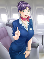 Rule 34 | 1girl, aircraft, airplane, airplane interior, breasts, chair, cross, cross necklace, earrings, flight attendant, green eyes, jewelry, large breasts, looking at viewer, necklace, nightmare express, open mouth, purple hair, scarf, short hair, skirt, smile, solo, standing, sunlight, travel attendant, window