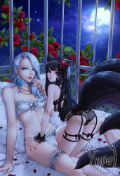 Rule 34 | 2girls, all fours, animal ears, ass, bed, black bra, black hair, black panties, blade &amp; soul, blue eyes, bra, breasts, butt crack, cage, cameltoe, choker, cleavage, clothing cutout, cloud, female focus, flat chest, flower, fox ears, fox tail, full moon, garter straps, hair flower, hair ornament, hand to own mouth, hands on another&#039;s thighs, highres, jewelry, kneeling, kneepits, leaning forward, bridal garter, legs, lips, long hair, looking back, lying, lyn (blade &amp; soul), moon, multiple girls, multiple tails, nail polish, necklace, night, night sky, on back, open mouth, panties, petals, pillow, red eyes, rose, see-through, silver hair, sky, small breasts, smile, star (sky), tail, tail through clothes, underwear, underwear only, white bra, white panties, yuri