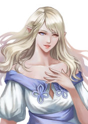 Rule 34 | 10s, 1girl, bad id, bad pixiv id, bare shoulders, blonde hair, collarbone, elezen, elf, final fantasy, final fantasy xiv, hand on own chest, heterochromia, highres, kacyu, long hair, looking at viewer, parted lips, pointy ears, smile, solo, warrior of light (ff14)