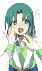 Rule 34 | 10s, 1girl, aoki shizumi, bad id, bad pixiv id, blush, brushing teeth, crying, crying with eyes open, green eyes, green hair, green sweater vest, matching hair/eyes, midorikawa nao, open mouth, precure, school uniform, sexually suggestive, smile precure!, solo, sweater vest, tears, toothbrush