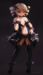 Rule 34 | 1girl, absurdres, armlet, artist name, bare arms, bare shoulders, belt, belt buckle, black background, black footwear, black neckwear, black thighhighs, blonde hair, buckle, closed mouth, collarbone, drill hair, flat chest, full body, hair ornament, hand on own hip, hand on own chest, highres, looking at viewer, navel, novcel, original, pointy ears, red eyes, revealing clothes, short hair, sidelocks, smile, solo, spiked armlet, spikes, standing, strapless, thighhighs, twin drills, waist cape