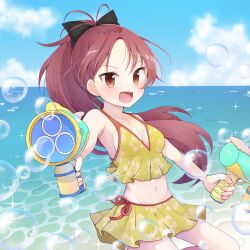 beach bikini bikini_skirt black_ribbon bubble_gun happy_candy_ooo highres long_hair mahou_shoujo_madoka_magica mahou_shoujo_madoka_magica_(anime) ocean red_eyes red_hair ribbon sakura_kyoko soap_bubbles swimsuit yellow_bikini