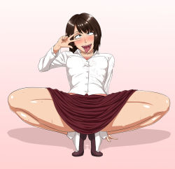 Rule 34 | 1girl, ahegao, arm support, blush, breasts, brown eyes, brown footwear, brown hair, covered erect nipples, drooling, fatal frame, fatal frame 4, female focus, fucked silly, jewelry, ml, necklace, nipples, open mouth, rolling eyes, saliva, shoes, simple background, skirt, snot, socks, solo, spread legs, squatting, sweat, tears, teeth, tongue, tongue out, tsukimori madoka, v, white socks