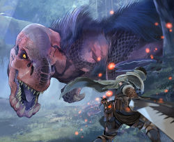 Rule 34 | ambiguous gender, anjanath, armor, armored boots, black hair, blurry, blurry foreground, boots, cape, collared cape, commentary request, day, depth of field, dinosaur, dragon, fighting stance, fur, fuse ryuuta, gauntlets, glowing, greatsword, high collar, holding, holding sword, holding weapon, huge weapon, hunter (armor), knife, knife sheath, knife sheath, looking at another, monster hunter, monster hunter: world, monster hunter (series), open mouth, outdoors, pants, scales, sharp teeth, sheath, short hair, size difference, slit pupils, standing, sword, teeth, tree, weapon, yellow eyes