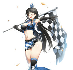 Rule 34 | 1girl, armpits, bare shoulders, black gloves, black hair, black shirt, blue eyes, blue skirt, boots, breasts, checkered flag, cleavage, closers, criss-cross halter, crop top, cropped vest, elbow gloves, facing viewer, fang, flag, game cg, gloves, hairband, halterneck, hand up, highres, holding, holding flag, large breasts, long hair, midriff, miniskirt, navel, non-web source, official art, open clothes, open mouth, open vest, outstretched arm, race queen, shirt, side slit, skirt, sleeveless, sleeveless shirt, smile, solo, stomach, thigh boots, thighs, v, very long hair, vest, white vest, yuri seo