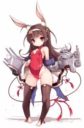 Rule 34 | 1girl, adapted costume, animal ears, azur lane, barefoot, black eyes, black hair, braid, breasts, brown hair, rabbit ears, covered navel, full body, hairband, highres, karukan (monjya), leotard, long hair, looking at viewer, machinery, ping hai (azur lane), ping hai (osmanthus moon rabbit) (azur lane), rabbit girl, red eyes, red leotard, rigging, robe, simple background, small breasts, solo, standing, twin braids, white background, white hairband