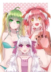 Rule 34 | 10s, 3girls, :d, ahoge, animal ears, animal hands, atalanta (fate), bikini, blue bikini, blush, bow, breasts, dyed bangs, fang, fate/apocrypha, fate/extra, fate/grand order, fate (series), gloves, gradient hair, green eyes, large breasts, long hair, medium breasts, multicolored hair, multiple girls, nursery rhyme (fate), one-piece swimsuit, open mouth, paw gloves, polka dot, polka dot background, purple eyes, purple one-piece swimsuit, red bikini, red bow, red hair, ribbon, shari (shari07), smile, swimsuit, tamamo (fate), tamamo cat (fate), tamamo no mae (fate/extra), twintails, two-tone hair, white hair, yellow eyes