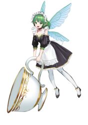 Rule 34 | 1girl, :d, apron, black dress, black footwear, breasts, cleavage, commentary, cup, dress, fairy, fairy wings, full body, green eyes, green hair, high heels, highres, holding, holding cup, looking at viewer, maid, maid headdress, medium breasts, mini person, minigirl, open mouth, original, pointy ears, simple background, smile, solo, tatsuyo, white apron, white background, wings