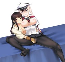 Rule 34 | 10s, 2girls, :p, akagi (kancolle), blonde hair, breasts, brown eyes, brown hair, capelet, celtic knot, cross, eko, feet, fingering, fingering through clothes, fingering through panties, graf zeppelin (kancolle), hat, iron cross, japanese clothes, kantai collection, large breasts, lips, long hair, looking at viewer, military, military hat, military uniform, multiple girls, nipples, panties, panties under pantyhose, pantyhose, parted lips, peaked cap, spread legs, through clothes, tongue, tongue out, underwear, uniform, yuri