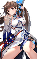 Rule 34 | 1girl, absurdres, bare shoulders, breasts, brown eyes, brown hair, chinese clothes, cleavage, cleavage cutout, clothing cutout, cup, drinking straw, hair ornament, highres, holding, holding cup, honkai (series), honkai impact 3rd, juice, li sushang, li sushang (jade knight), long hair, looking at viewer, open mouth, pomegranate nana, simple background, solo, white background, white sleeves