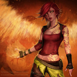 Rule 34 | 1girl, arm tattoo, arms at sides, belt, blouse, bob cut, borderlands (series), borderlands 2, breast tattoo, breasts, chest tattoo, cleavage, clothes around waist, cowboy shot, dated, deviantart username, fingerless gloves, fire, fur-trimmed vest, fur trim, gloves, head tilt, highres, jacket, jacket around waist, lilith (borderlands), lipstick, looking at viewer, makeup, medium breasts, midriff, neck tattoo, orange background, patreon username, pocket, pouch, realistic, red hair, red lips, red shirt, sciamano240, shirt, short hair, signature, siren (borderlands), solo, standing, stomach tattoo, swept bangs, tattoo, taut clothes, taut shirt, thigh strap, torn clothes, torn jacket, vest, watermark, web address, yellow eyes
