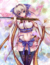 Rule 34 | 1girl, akina t, bad id, bad pixiv id, bare shoulders, black thighhighs, blonde hair, blue eyes, breasts, female focus, head tilt, highres, japanese clothes, large breasts, midriff, navel, sengoku taisen, short hair, solo, sword, thighhighs, weapon