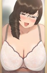 Rule 34 | 1girl, black-framed eyewear, blunt bangs, blurry, blurry background, blush, bra, breasts, brown eyes, brown hair, cleavage, collarbone, commentary request, dot nose, drill hair, glasses, half-closed eyes, head tilt, highres, lace trim, large breasts, long hair, looking at viewer, mole, mole on breast, open mouth, original, over-rim eyewear, ryokucha michi, semi-rimless eyewear, shadow, solo, underwear, upper body, white bra