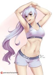 Rule 34 | 1girl, :d, armpits, arms up, artist name, blue eyes, blue hair, blush, breasts, contrapposto, cowboy shot, dated, groin, heart, highres, long hair, looking at viewer, lulu-chan92, medium breasts, midriff, navel, nike (company), open mouth, patreon username, rwby, scar, scar across eye, scar on face, short shorts, shorts, side ponytail, signature, simple background, smile, solo, sports bra, standing, sweat, very long hair, weiss schnee, white background