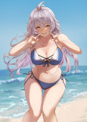 Rule 34 | 1girl, antenna hair, bare shoulders, bikini, blue bikini, blurry, blurry background, blush, breasts, brown eyes, cleavage, collarbone, day, feet out of frame, granblue fantasy, grey hair, hands up, highres, horizon, knees together feet apart, large breasts, long hair, navel, nos, ocean, open mouth, outdoors, pointing, pointing at self, revision, sand, side-tie bikini bottom, silva (granblue fantasy), smile, solo, standing, swimsuit, water, waves