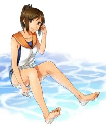 Rule 34 | 1girl, barefoot, blue one-piece swimsuit, brown eyes, brown hair, collarbone, full body, highres, i-401 (kancolle), kantai collection, looking at viewer, one-piece swimsuit, orange sailor collar, raito (latek), ribbon, sailor collar, school swimsuit, shirt, short hair, sitting, sleeveless, sleeveless shirt, smile, soles, solo, swimsuit, swimsuit under clothes, white background, white ribbon, white shirt