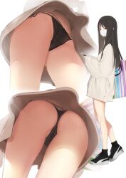 Rule 34 | 1girl, ama mitsuki, ass, bag, bare legs, black eyes, black hair, black panties, blush, bow, bow panties, bra, breasts, cellphone, crotch seam, dress, from below, full body, gluteal fold, groin, highres, holding, holding phone, jacket, long hair, long sleeves, looking at viewer, mask, medium breasts, mouth mask, multiple views, non-web source, original, panties, phone, shoes, shoulder bag, side-tie panties, simple background, smartphone, sneakers, standing, thighs, underwear, white background