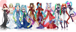 Rule 34 | 10s, 2016, alternate costume, arcade sona, artist name, bare shoulders, black hair, blonde hair, blue eyes, blue hair, bodysuit, bonnet, breasts, character name, cleavage, dj sona, dress, drill hair, full body, gradient hair, green hair, guqin sona, heart, heart hands, highres, huayue, large breasts, league of legends, long dress, long hair, long sleeves, looking at viewer, multicolored hair, multiple girls, multiple persona, muse sona, orange hair, pentakill (league of legends), pentakill sona, poro (league of legends), red dress, red eyes, red hair, silent night sona, sleeveless, sleeveless dress, sona (league of legends), standing, sweetheart sona, twintails, very long hair, white hair