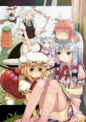 Rule 34 | 6+girls, :3, bad id, bad pixiv id, blonde hair, broom, broom riding, cup, dress, embodiment of scarlet devil, female focus, flandre scarlet, flower, hair ribbon, hat, head wings, highres, hong meiling, izayoi sakuya, kirisame marisa, koakuma, maid, maid headdress, multiple girls, panties, patchouli knowledge, remilia scarlet, ribbon, rothe, sitting, striped clothes, striped panties, table, teacup, thighhighs, touhou, underwear, white thighhighs, wings, witch, witch hat