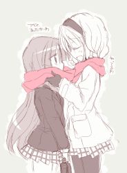 Rule 34 | 2girls, alice margatroid, alternate costume, blush, coat, closed eyes, gloves, hairband, height difference, long hair, monochrome, multiple girls, pantyhose, patchouli knowledge, plaid, plaid skirt, profile, satou kibi, scarf, school uniform, shared clothes, shared scarf, short hair, sketch, skirt, spot color, touhou, translation request, yuri
