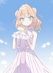 Rule 34 | 1girl, aqua eyes, blue sky, blush, breasts, closed mouth, cowboy shot, crossed bangs, dress, falling petals, flower, frilled dress, frilled gloves, frills, gloves, gradient dress, hands up, highres, hinoshita kaho, holding, holding flower, junnatsu, layered dress, link! like! love live!, link to the future (love live!), looking at viewer, lotus, love live!, medium breasts, medium hair, orange hair, petals, pink dress, sky, sleeveless, sleeveless dress, smile, solo, two-tone dress, two side up, virtual youtuber, white dress, white gloves