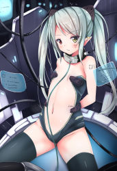 Rule 34 | absurdres, arms behind back, bad id, bad pixiv id, cable, center opening, collar, erimu, flat chest, heterochromia, highres, holographic monitor, leotard, long hair, navel, original, pointy ears, silver hair, sitting, solo, thighhighs, twintails
