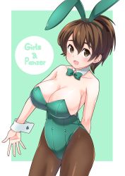 Rule 34 | 10s, 1girl, animal ears, arm behind back, bow, bowtie, breasts, brown eyes, brown hair, brown pantyhose, cleavage, copyright name, cowboy shot, detached collar, fake animal ears, girls und panzer, green bow, green bowtie, green leotard, highres, igarashi (igarashi 346), koyama yuzu, large breasts, leotard, looking at viewer, pantyhose, playboy bunny, rabbit ears, rabbit girl, rabbit tail, short hair, short ponytail, solo, strap slip, tail, thighs, wrist cuffs