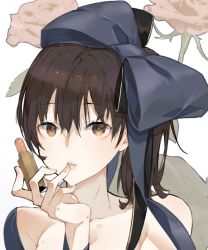 Rule 34 | 1girl, blue bow, bow, brown eyes, brown hair, closed mouth, cosmetics, floral background, hair between eyes, hair bow, holding, holding lipstick tube, kaga (kancolle), kantai collection, lipstick, lipstick tube, long hair, makeup, neko (ganecooo), side ponytail, solo