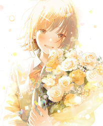 Rule 34 | 1girl, blush, bouquet, brown eyes, brown hair, flower, grin, highres, holding, holding bouquet, looking at viewer, nakamura hinata, original, short hair, smile, solo, upper body, white background, white flower, yellow flower