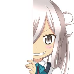 Rule 34 | &gt;:d, 10s, 1girl, :d, asashimo (kancolle), grey eyes, grin, kantai collection, long hair, looking at viewer, nagineko, open mouth, peeking out, school uniform, silver hair, smile, solo, transparent background, v-shaped eyebrows