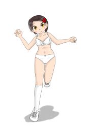 Rule 34 | 1girl, blush, bow, bow bra, bow panties, bra, breasts, brown eyes, brown hair, collarbone, hair ornament, hairclip, kneehighs, looking at viewer, navel, panties, sexless2012, shoes, short hair, small breasts, smile, sneakers, socks, standing, standing on one leg, underwear, white background, white bow, white bra, white footwear, white panties, white socks