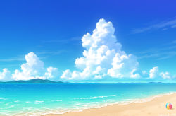 Rule 34 | ball, beach, beachball, blue sky, cloud, commentary request, day, mountainous horizon, mozukun43, no humans, ocean, original, sand, scenery, sky, summer