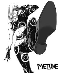 Rule 34 | 1boy, 5 1 0stars, character name, domino mask, foreshortening, gloves, greyscale, highres, jojo no kimyou na bouken, kicking, long hair, male focus, mask, melone, monochrome, solo