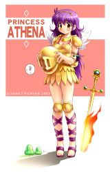 Rule 34 | 1girl, armor, armored dress, athena (series), blush, gladiator sandals, helmet, highres, na-ga, princess athena, purple hair, sandals, snk, solo, sword, weapon