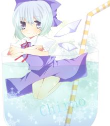 Rule 34 | blue hair, cirno, cup, drinking straw, hair ribbon, in container, in cup, mini person, minigirl, nayuta (artist), nayuta (scarlet-noize), ribbon, snowflakes, solo, touhou, wings