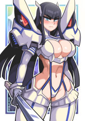 Rule 34 | 1girl, absurdres, bakuzan, black hair, black sclera, blue eyes, breasts, cleavage, colored sclera, face, frown, highres, holding, holding sword, holding weapon, impossible clothes, junketsu, kamui (kill la kill), katana, kill la kill, kiryuuin satsuki, large breasts, long hair, orange eyes, red eyes, revealing clothes, sagas293, serious, sidelocks, star (symbol), starry background, serious, sword, thick eyebrows, weapon, white background