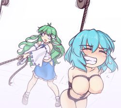 Rule 34 | 2girls, antenna hair, aqua hair, arms behind back, bdsm, blue skirt, blush, bondage, bound, breast bondage, breasts, clenched teeth, clothed female nude female, crotch rope, crying, detached sleeves, frilled skirt, frills, frog hair ornament, green hair, hair ornament, hater (hatater), highres, hip vent, kochiya sanae, large breasts, long hair, long skirt, mary janes, multiple girls, nipples, no panties, nontraditional miko, nude, open mouth, rope, shibari, shirt, shoes, short hair, sketch, skirt, snake hair ornament, tatara kogasa, tears, teeth, touhou, white shirt