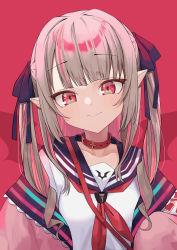Rule 34 | 1girl, absurdres, blush, closed mouth, collar, collarbone, colored inner hair, fang, hair ribbon, highres, long hair, looking at viewer, makaino ririmu, multicolored hair, neckerchief, nijisanji, off shoulder, pointy ears, red background, red eyes, ribbon, sailor collar, simple background, skin fang, solo, syhan, upper body, virtual youtuber