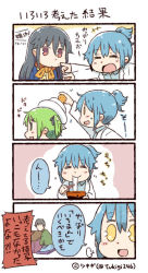 Rule 34 | 1boy, 3girls, 4koma, = =, artist name, bad id, bad twitter id, black hair, blue hair, bowl, chopsticks, comic, commentary request, eating, facebook, green eyes, green hair, hat, jitome, kagami mochi, kotatsu, lab coat, line (naver), multiple girls, personification, pointing, ponytail, red eyes, sailor hat, short twintails, sidelocks, sigh, smile, table, tears, translation request, tsukigi, twintails, twitter, twitter username, waving arm, yellow eyes