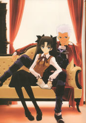 Rule 34 | 00s, 1boy, 1girl, archer (fate), black footwear, black hair, black pantyhose, blue eyes, book, couch, crop top, curtains, dark-skinned male, dark skin, fate/stay night, fate (series), highres, long hair, pantyhose, red curtains, shirotsumekusa, shoes, sitting, tohsaka rin, two side up, waist cape, white hair, window, yellow upholstery