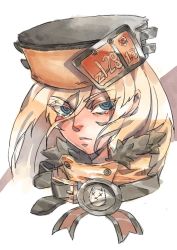 Rule 34 | 1girl, belt, blonde hair, blue eyes, closed mouth, commentary, english commentary, eyes visible through hair, floating hair, guilty gear, guilty gear strive, hat, long hair, looking at viewer, millia rage, portrait, ringed eyes, serious, solo, white background, zakusi