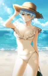 Rule 34 | 1girl, angela (project moon), ap5ry, bare shoulders, beach, bikini, blue hair, blue sky, breasts, brown hat, cleavage, closed mouth, cloud, food, fruit, hand up, hat, highres, large breasts, lens flare, library of ruina, looking to the side, navel, ocean, project moon, short hair, sidelocks, sky, solo, straw hat, summer, swimsuit, water, watermelon, white bikini, yellow eyes